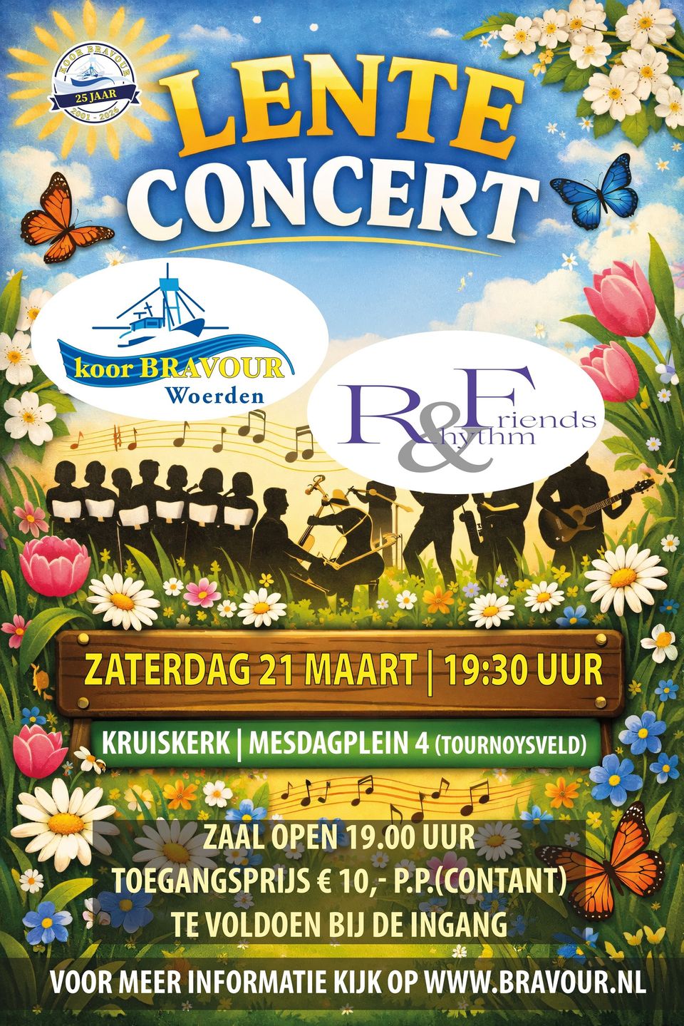 Evenementposter van het Lenteconcert met Koor Bravour Woerden en Rhythm & Friends in de Kruiskerk in Woerden, Groene Hart