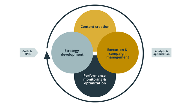 Strategy model Insiders: Strategy development, content creation, execution and campaign management, performance monitoring