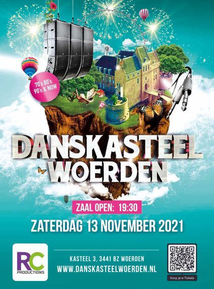 Evenementenposter van Danskasteel Woerden in Kasteel Woerden, provincie Utrecht, voor een dansfeest op 24 oktober 2026 met muziek uit de jaren 70, 80, 90 en zero's. Kleurrijk ontwerp met kasteel, vuurwerk, luidsprekers en ticketinformatie.