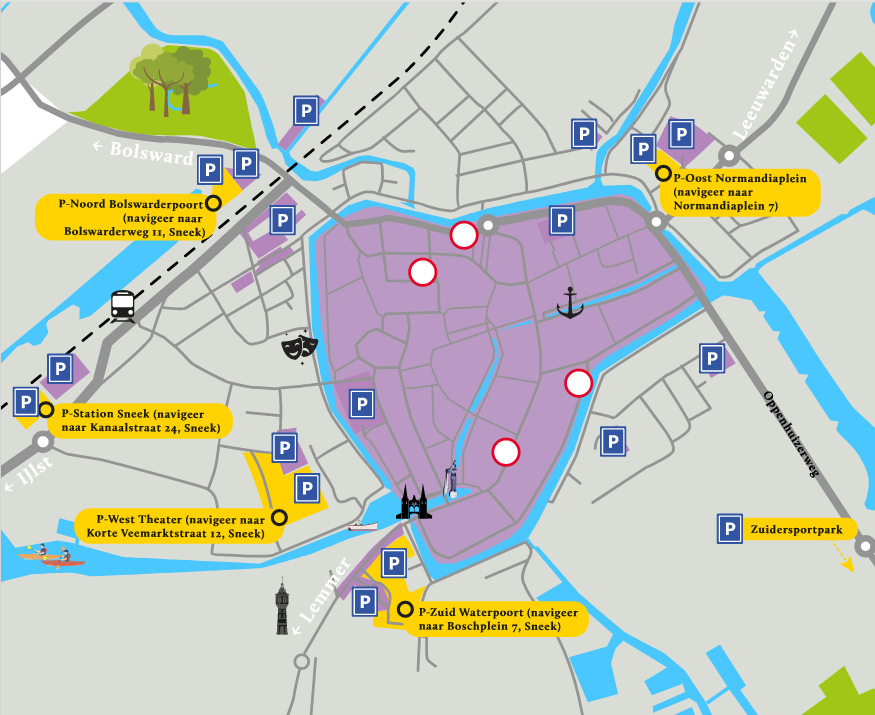 flyer 'Autoluwe binnenstad Sneek' met parkeerterreinen en doorrijverboden