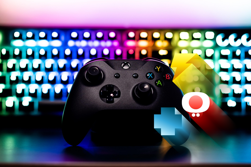 Game controller met gekleurd toetsenbord op achtergrond. Op de voorgrond de iconen van 'next level'.