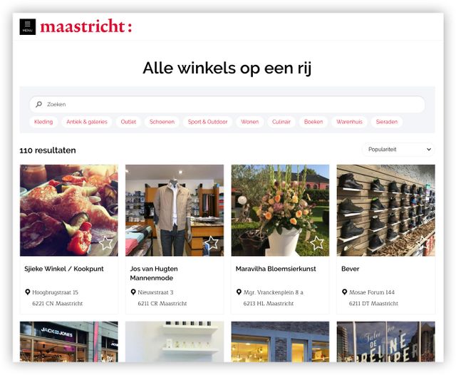 Webpagina met overzicht van winkels in Maastricht met filteropties