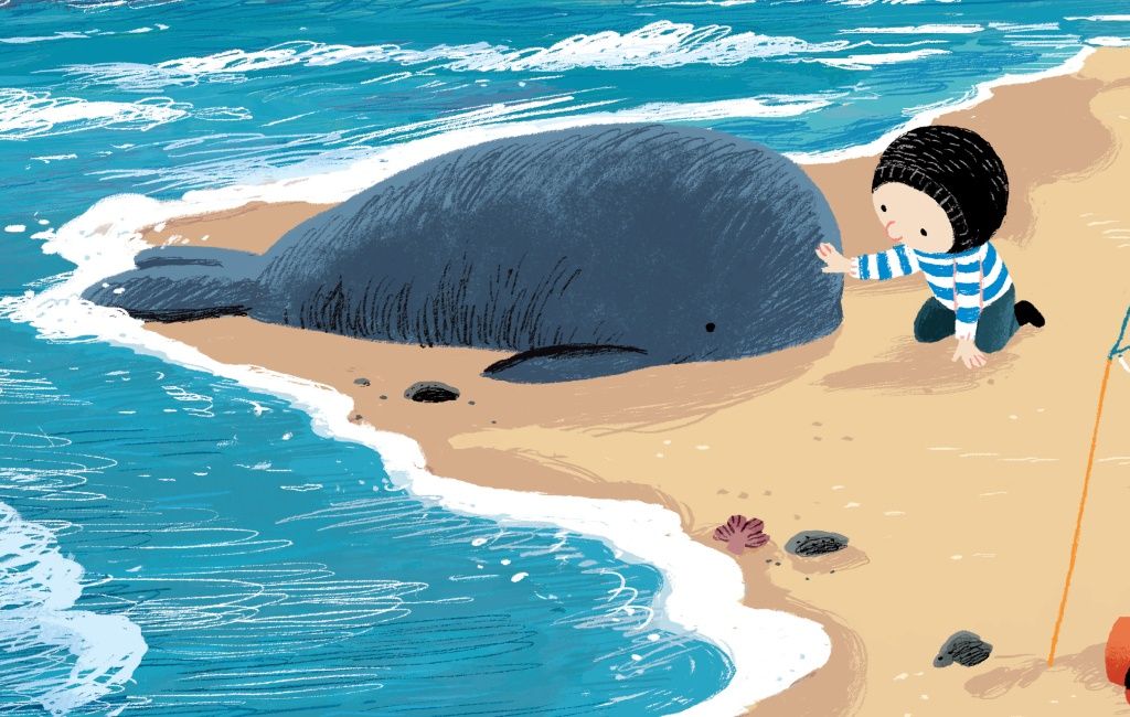 Illustratie van een kind met een kleine walvis op het strand