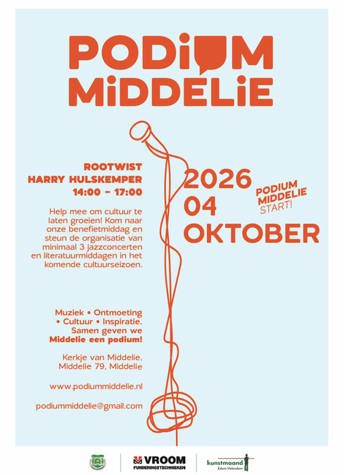 Podium Middelie flyer licht blauw met oranje tekst