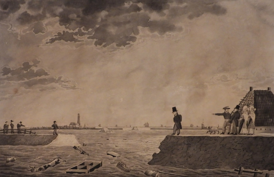 Litho over de doorbraak in de oude slaperdijk van het Workumer Nieuwland. Door Hendrik Jans de Harder.