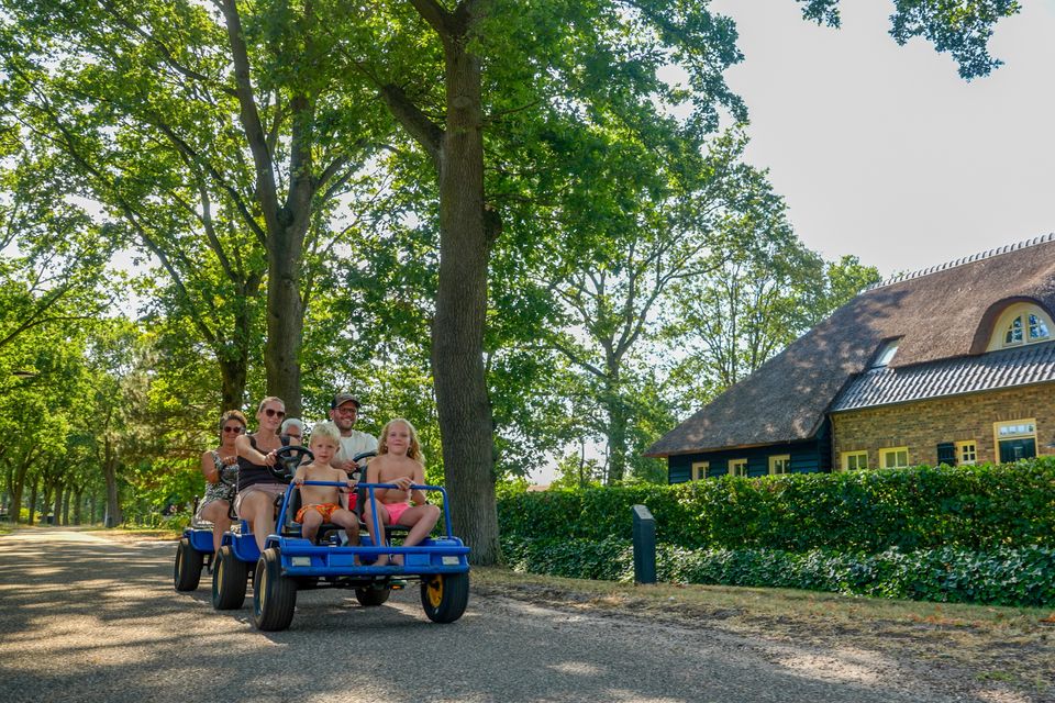 een gezin zit op een meermans familiefiets op een bosrijke laan