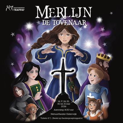 Tekening van Merlijn de Tovenaar met een "lichtgevend" zwaard en andere karakters uit de voorstelling voor een donkerpaarse achtergrond met witte sterren.