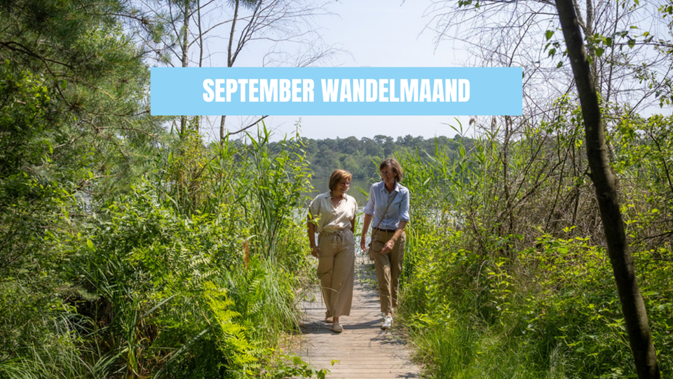 Twee vrouwen lopen vanuit het Kolkven over een pad dat is omgeven door groen om hun wandeling in de Oisterwijkse Bossen en Vennen te hervatten.