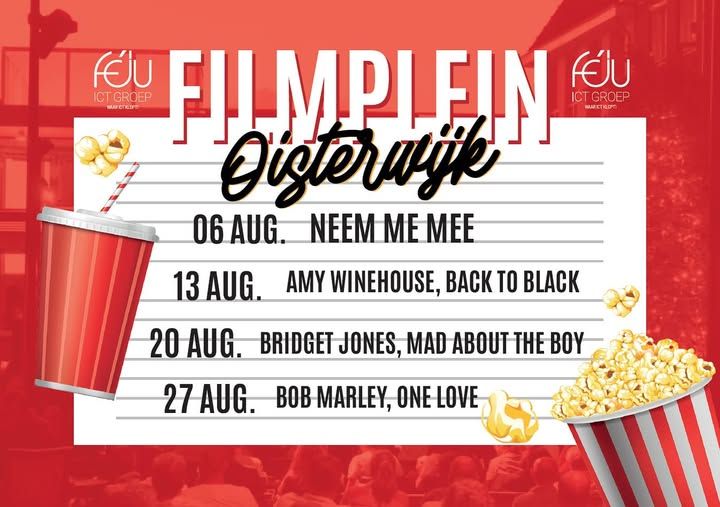 Affiche in rood met tekst Filmplein Oisterwijk en data en namen van films