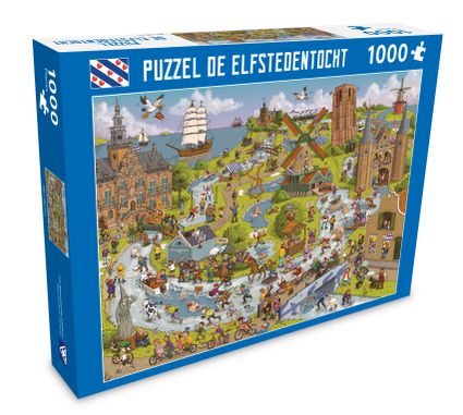 De voorkant van de doos waarop een elfstedentocht puzzel staat afgebeeld.