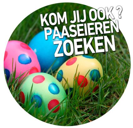 Foto met 4 gekleurde paaseieren in het gras en witte letters: Kom jij ook? Paaseieren zoeken.
