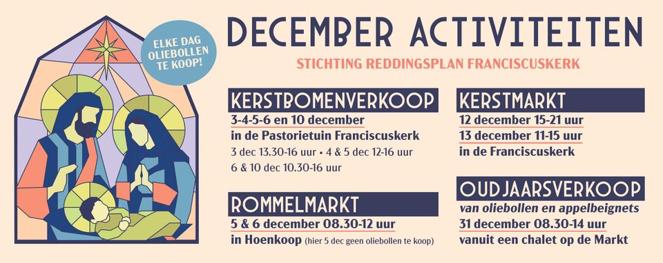 Poster van decemberactiviteiten, waaronder de kerstmarkt, in Oudewater, een pittoresk dorp midden in het Groene Hart van Holland