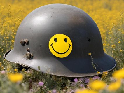 Legerhelm met een gele smiley sticker erop geplakt