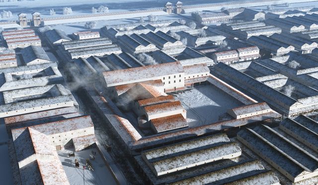 Impressie van Ulpia Noviomagus in de sneeuw.