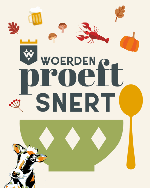 Promotieafbeelding van het evenement ‘Woerden Proeft Snert’ met een groene soepkom, lepel, herfsticonen en een koe, onderdeel van de najaarsactiviteiten.