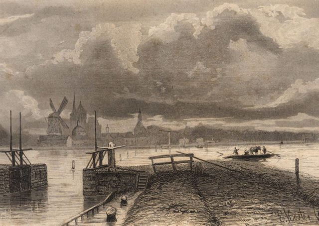 gezicht op de stad vanaf sluis 1 bij de watersnood van 1855