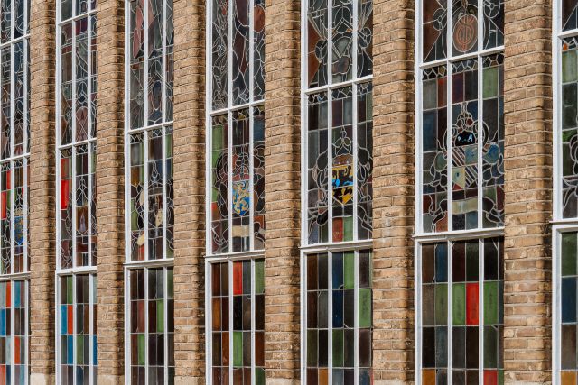 Former shoe factory Van Haren with stained glass in Waalwijk.