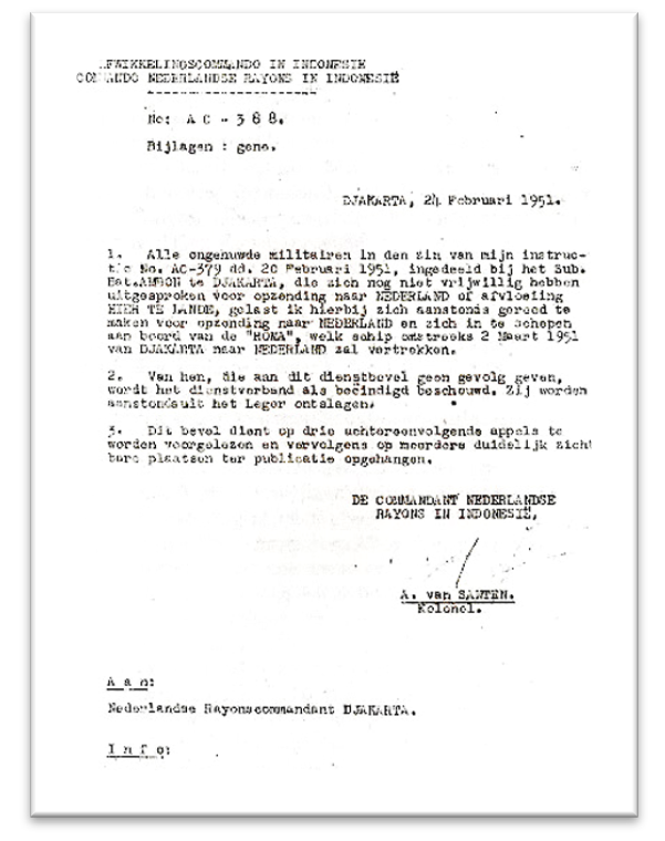 Dienstbevel dat de Molukse KNIL-militairen naar Nederland moesten reizen.