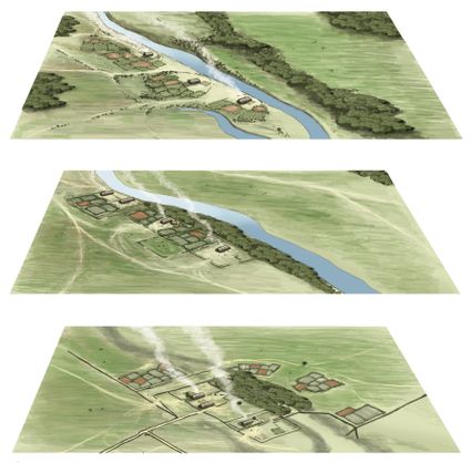 Impressie van de ontwikkeling van de nederzetting Geldermalsen-Hondsgemet, respectievelijk vroeg-, midden- en laat-Romeinse tijd.