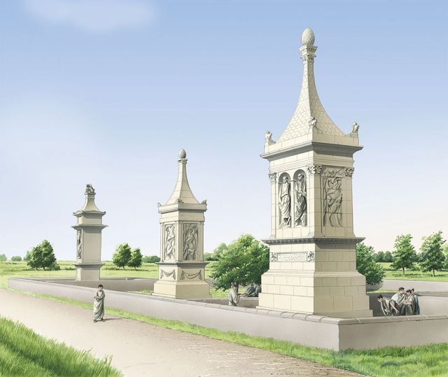 Langs de uitvalswegen van Noviomagus stonden indrukwekkende grafmonumenten. Rechts een impressie van het familiegraf van de Bataafs-Romeinse officier.