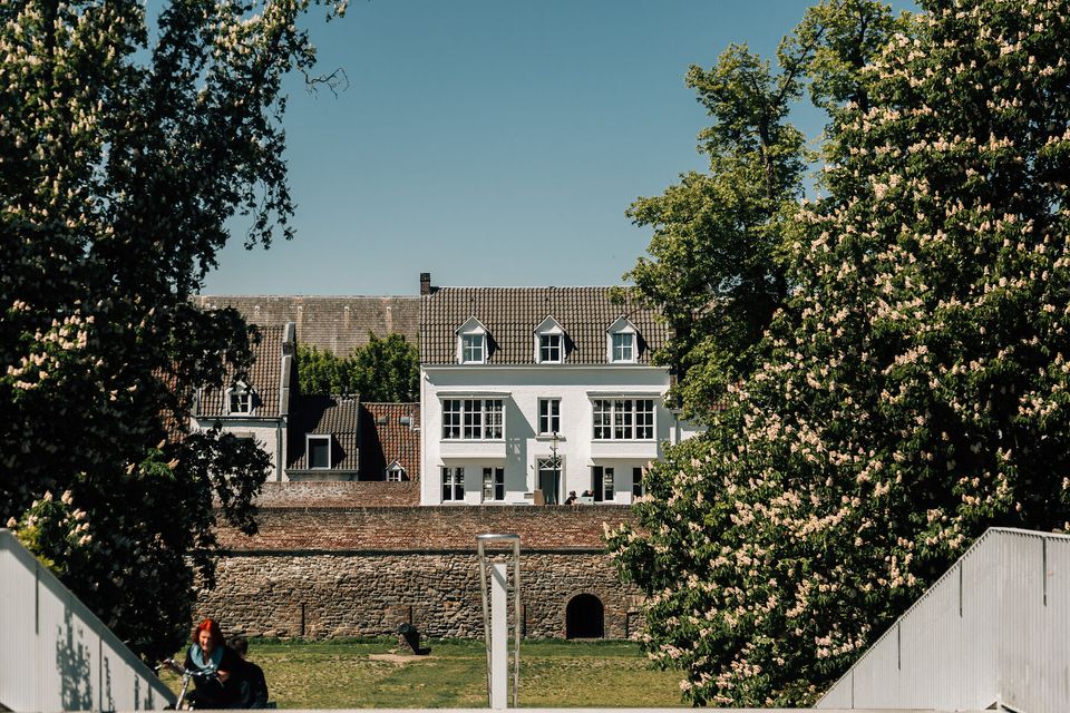 City wall in Maastricht city park from high bridge