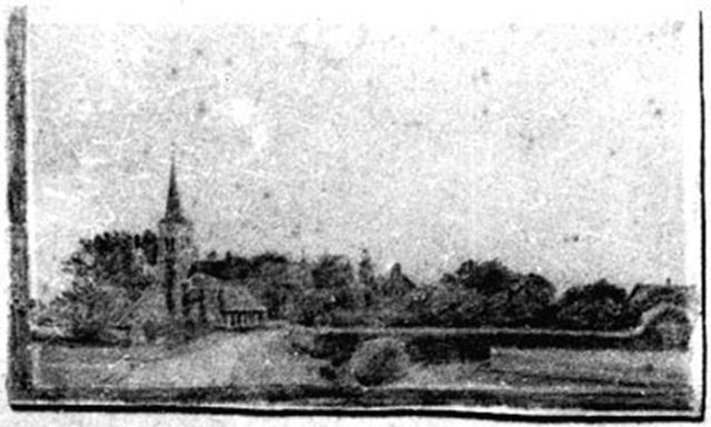 een tekening van Helvoirt met de in de verte een kerktoren en bomen