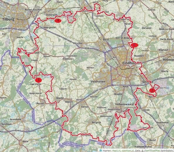 Afbeelding van een stukje landkaart met in het rood de route van het Brabants Vennenpad.