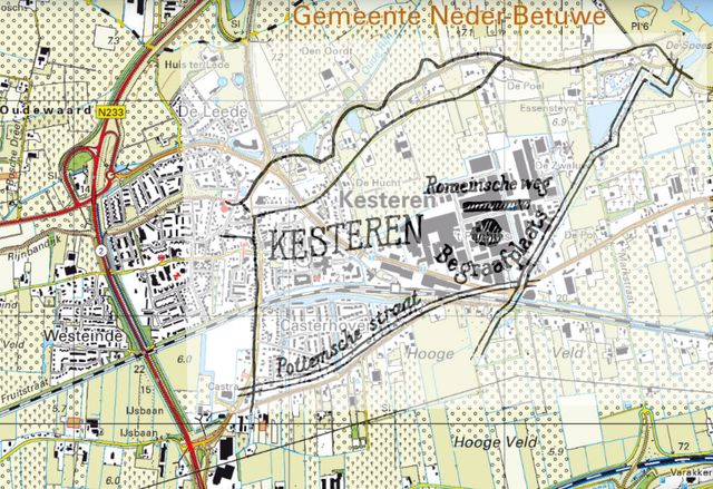 Het schetsje van Pleyte van de locatie van de Romeinse weg, geplot op de huidige situatie.
