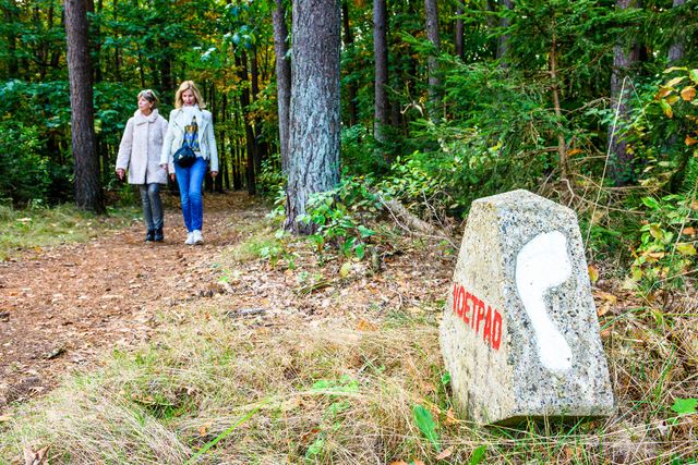 Twee wandelaars lopen het Voetstappenpad rondom Hilversum