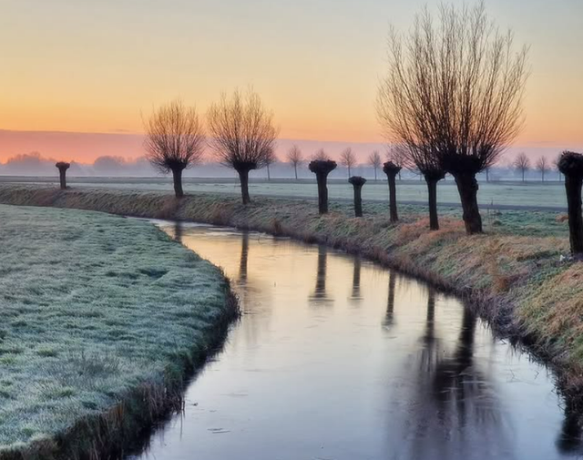 Sloot Harich in de winter met ijs en mooie oranje lucht