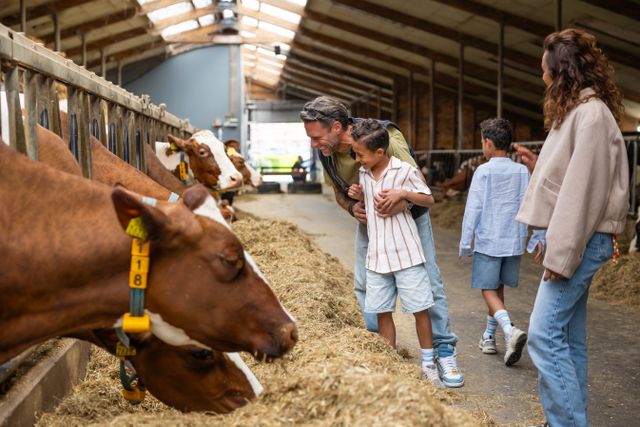 Gezin bezoekt een boerderijstal in Zoeterwoude en aait de koeien.