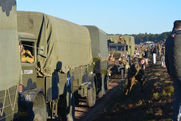 Legerjeeps, -vrachtwagens in collone