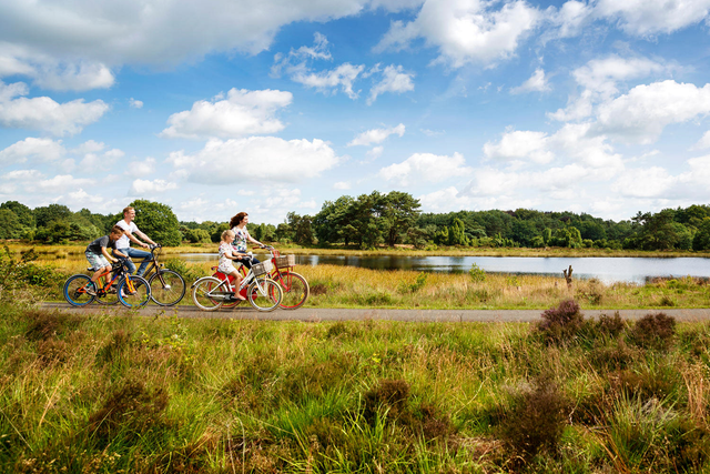 Een gezin met twee kinderen fietst door de Drentse natuur.