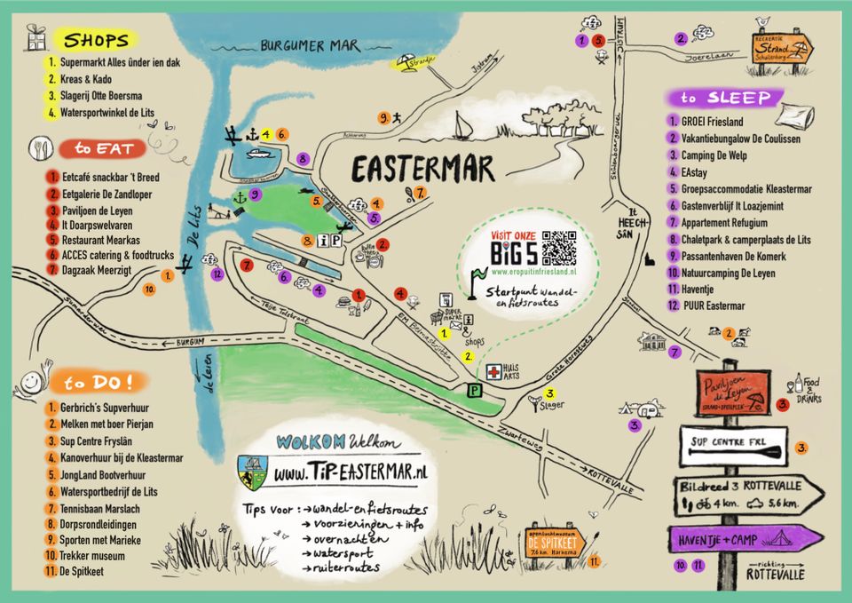 Getekende dorpskaart van Eastermar met winkels, eten, slapen en te doen. Ook als PDF op www.tip-eastermar.nl