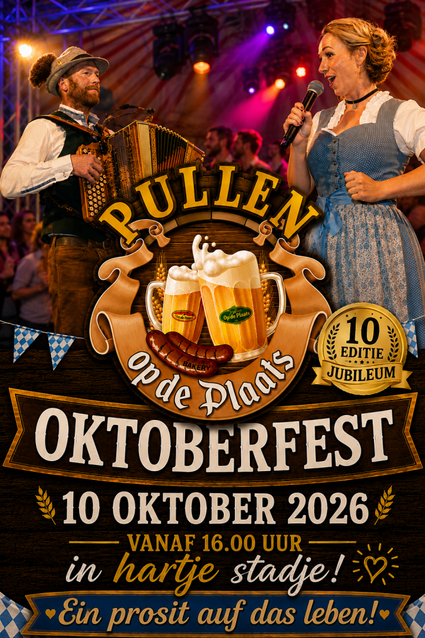 Evenement Oktoberfest Pullen op de Plaats in Montfoort, Groene Hart, jubileumeditie met accordeonist, zangeres in traditionele kleding, bierpullen en feestelijke livemuziek.