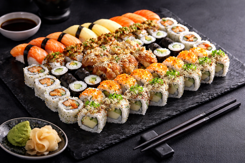 Sushischotel met verschillende maki, nigiri en uramaki rolls van Sushi Eight in Oudewater, alleen beschikbaar voor afhalen of bezorgen in het Groene Hart.