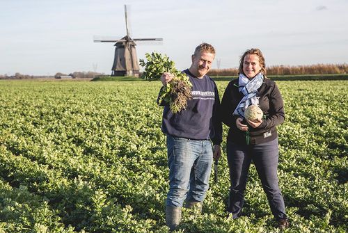 Twee mensen in het weiland met een molen op de achtergrond