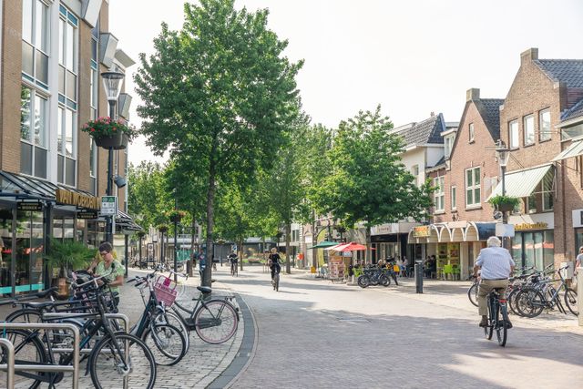 Levendige winkelstraat in het centrum van Veenendaal met winkels, horeca, groen en veel fietsen. De foto geeft een indruk van de gezellige en toegankelijke binnenstad.