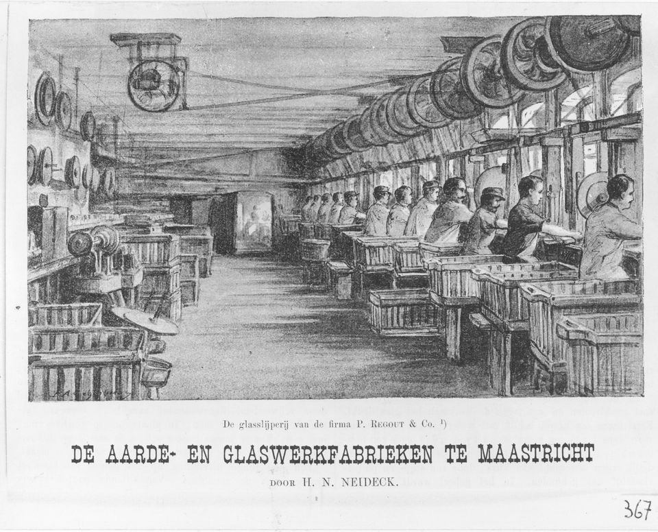 Illustration of the glass works of the firm P. Regout &amp; Co., The earthenware and glassware factories of Maastricht