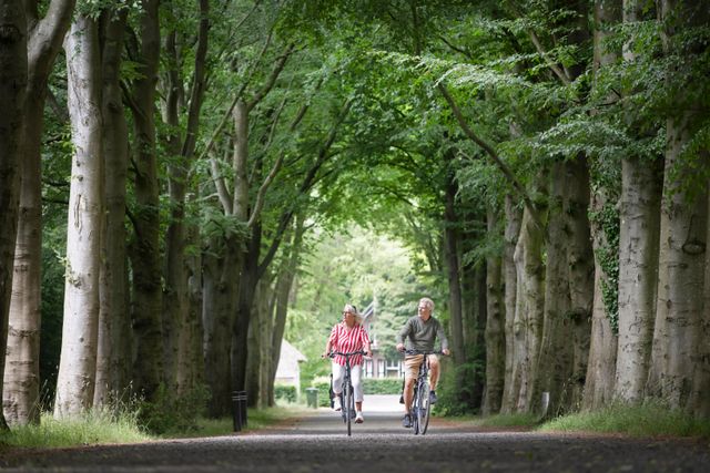Fietsend echtpaar op laan met bomen in Frederiksoord