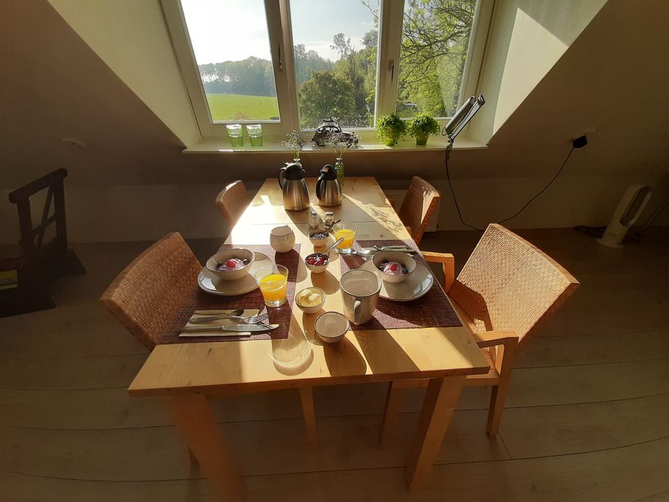 Op de eerste verdieping van de Bed & Breakfast vindt u een ruime verblijfsruimte met tal van faciliteiten. U kunt er thee zetten of een kop koffie of espresso maken. Ook serveren wij het ontbijt hier 's ochtends.