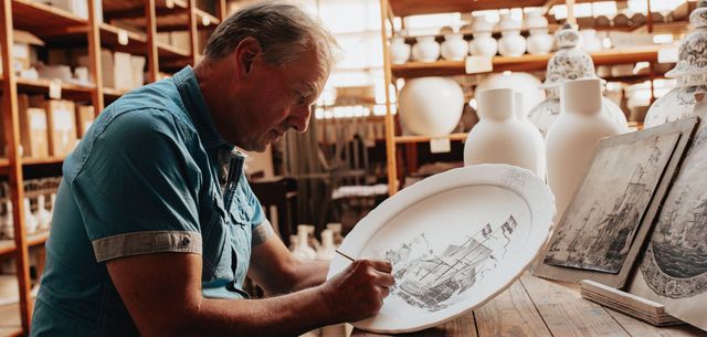 Meesterschilder van Royal Delft aan het schilderen op een bord