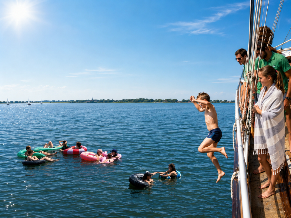 Een jongetje die van een boot afspringt en mensen in het water