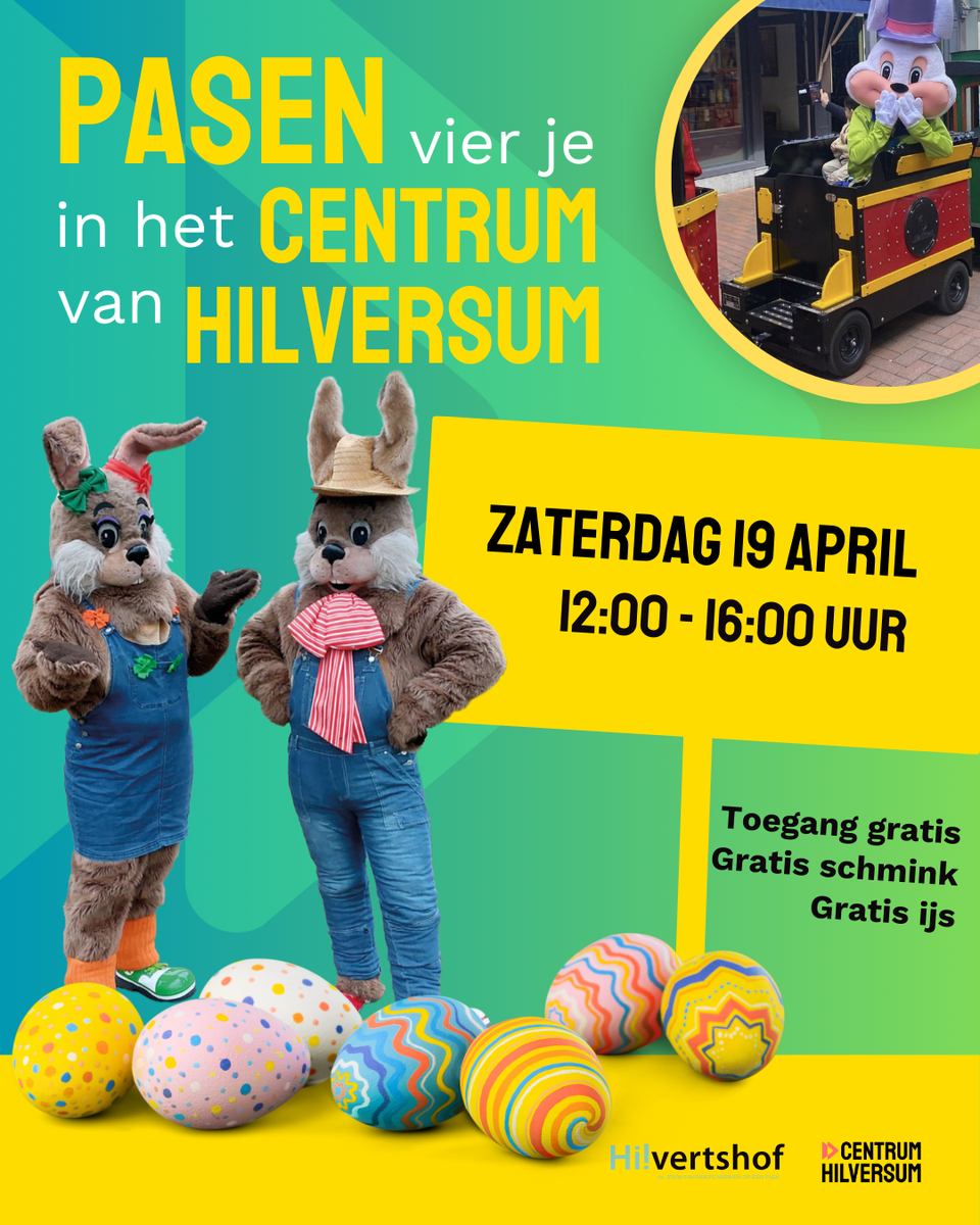 flyer over Pasen in het centrum met twee paashazen, paaseieren