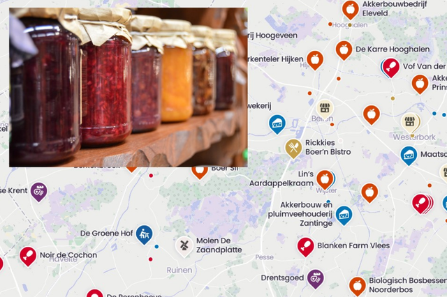 Een pot met zelfgemaakte jam op een kaart met plekken waar je streekproducten kunt kopen in Midden-Drenthe.