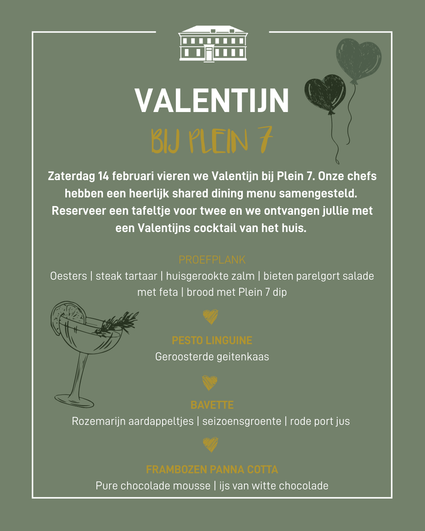 Valentijnsdiner bij restaurant Plein 7 in Woerden, Groene Hart, met een sfeervol shared dining menu voor twee. Op zaterdag 14 februari genieten gasten van, pesto, bavette en frambozen, geserveerd in een warme en romantische setting op Plein 7.