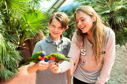 Kinderen in Avifauna met allebei een vogel op de hand