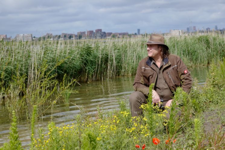 Water door het groene recreatiegebied en een man die er in zit.