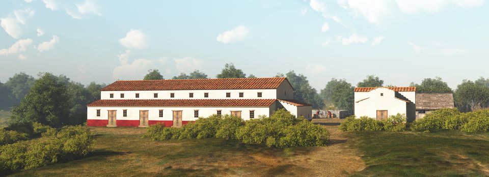 De schaarse archeologische resten laten geen nauwkeurige reconstructie van het hoofdgebouw toe, dus moeten we het doen met een impressie. Rechts het mogelijke badgebouw.
