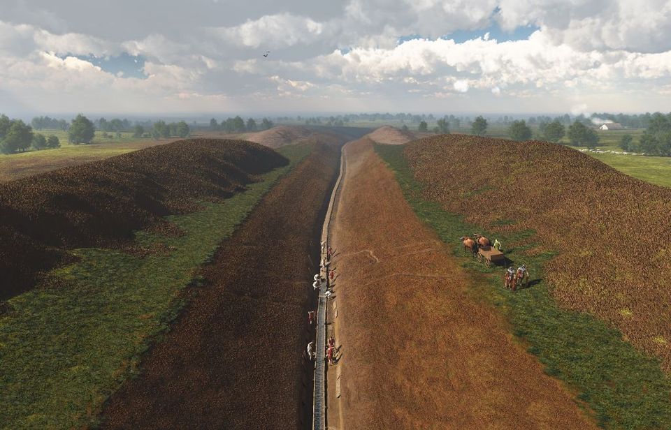 Door een landschap met verspreidde bomen loopt een diepe geul. In de geul werken mensen aan de aanleg van een houten goot.